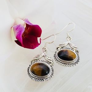 .925 Sterling Silver Earrings Tiger’s Eye Cabochon